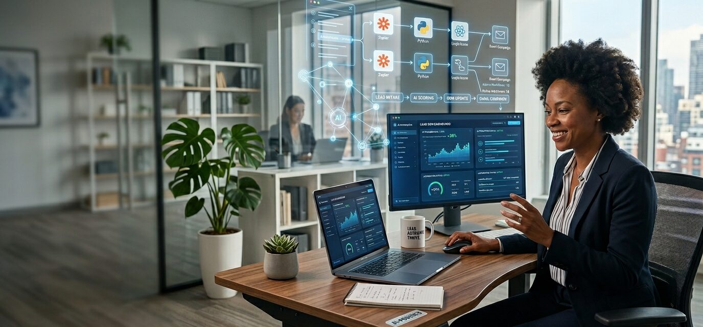 Business owner using AI automation tools to streamline business tasks