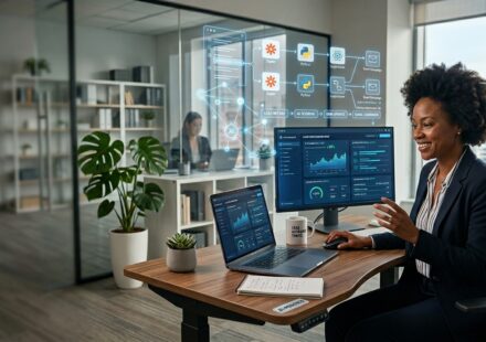 Business owner using AI automation tools to streamline business tasks