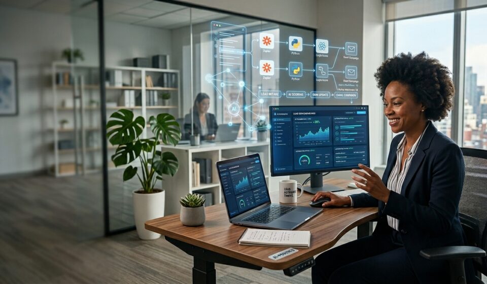 Business owner using AI automation tools to streamline business tasks