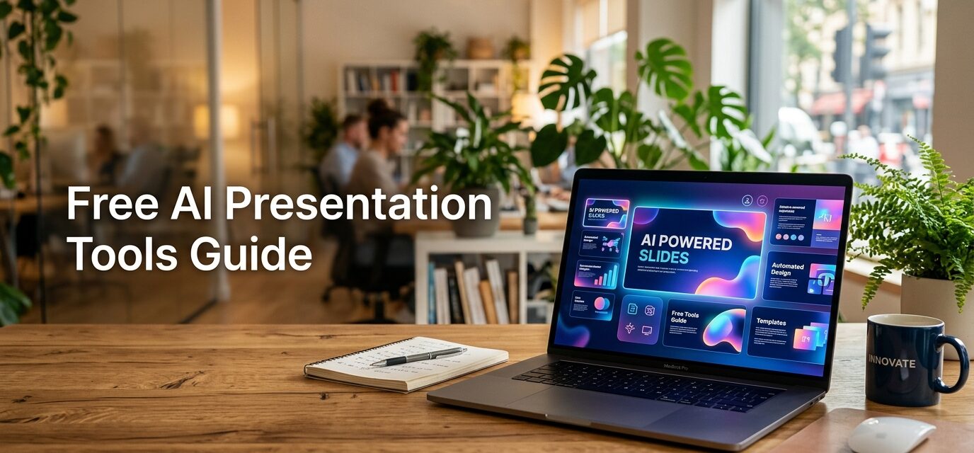 A clean workspace featuring a laptop displaying free AI tools for making presentations instantly.