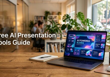 A clean workspace featuring a laptop displaying free AI tools for making presentations instantly.
