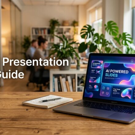 A clean workspace featuring a laptop displaying free AI tools for making presentations instantly.