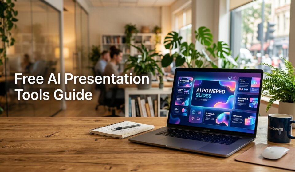 A clean workspace featuring a laptop displaying free AI tools for making presentations instantly.